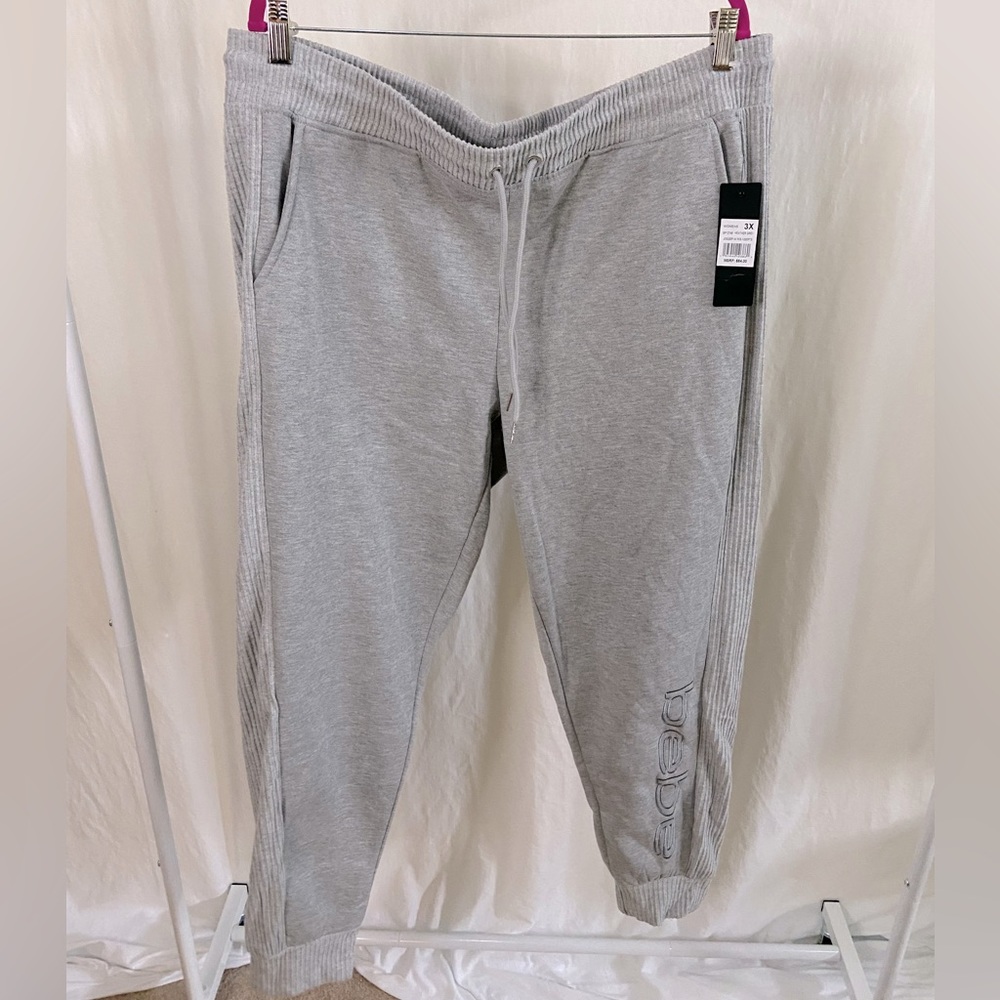 BEBE sport NWT grey joggers 3X w/ ribbed insert side panels and embroidered logo